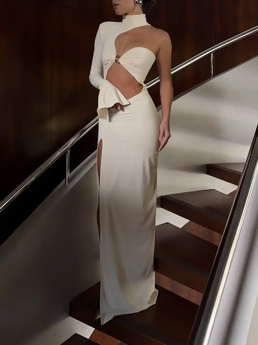 Elegant Hollow Out Maxi Dress Women Asymmetrical Sleeves High Neck Design Dresse
