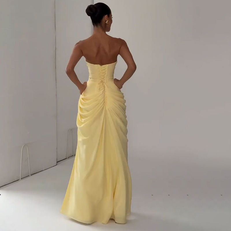 Elegant Yellow Strapless Pleated Long Dress