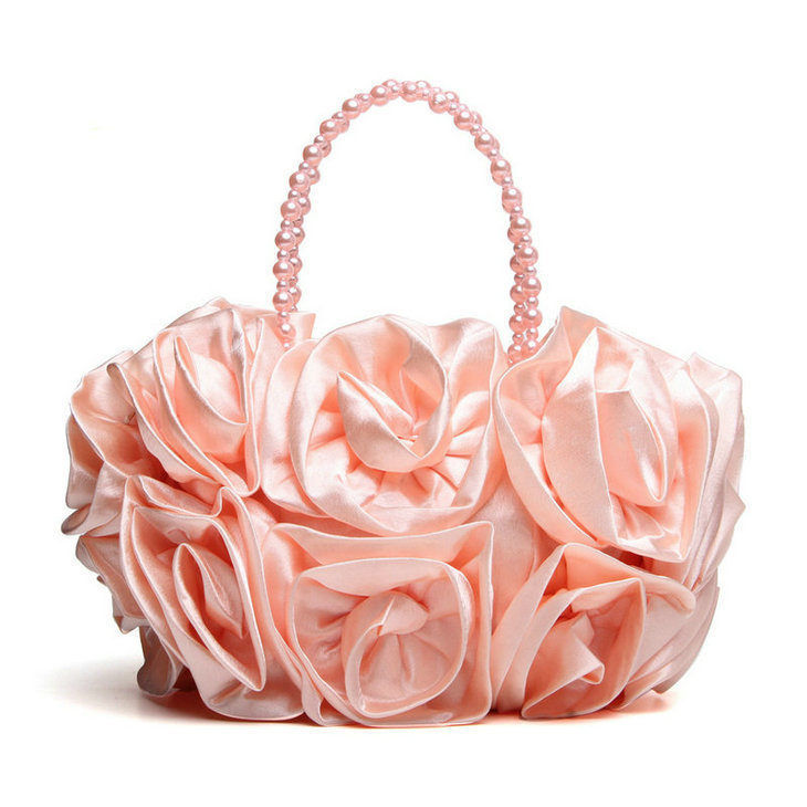 Boutique De FGG Red Flower Rose Bush Women Satin Evening Purse Beaded Handle Tot