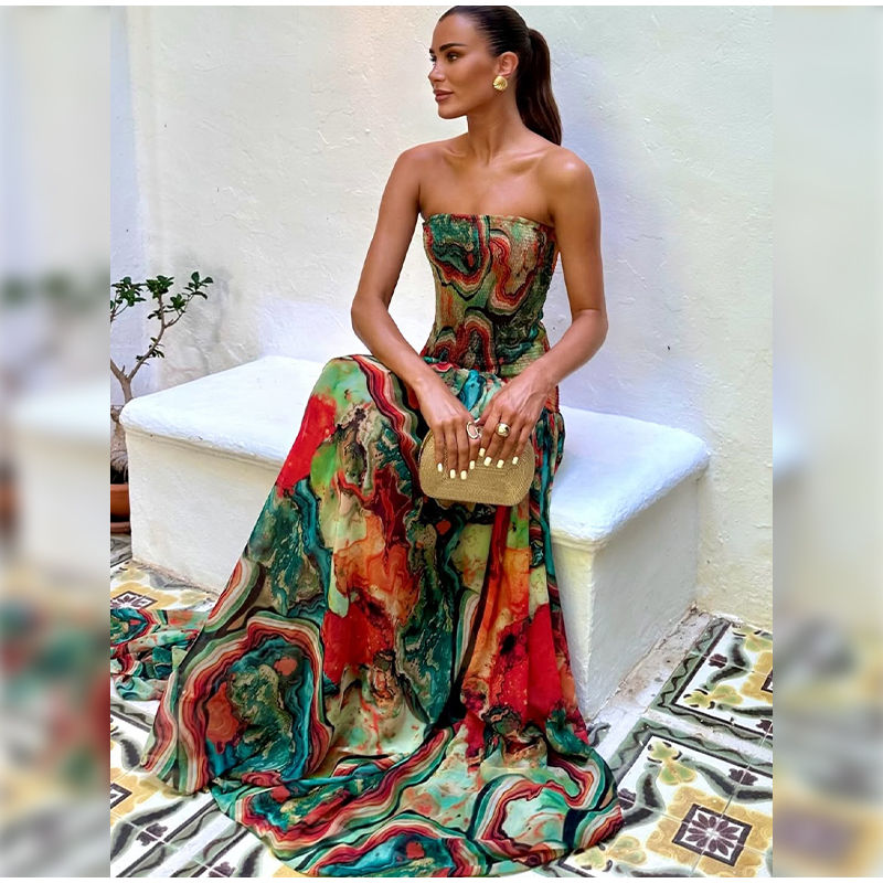 Pleated Waist Strapless Dress Women's New Printed Colorful Long Gown Elegant Fas