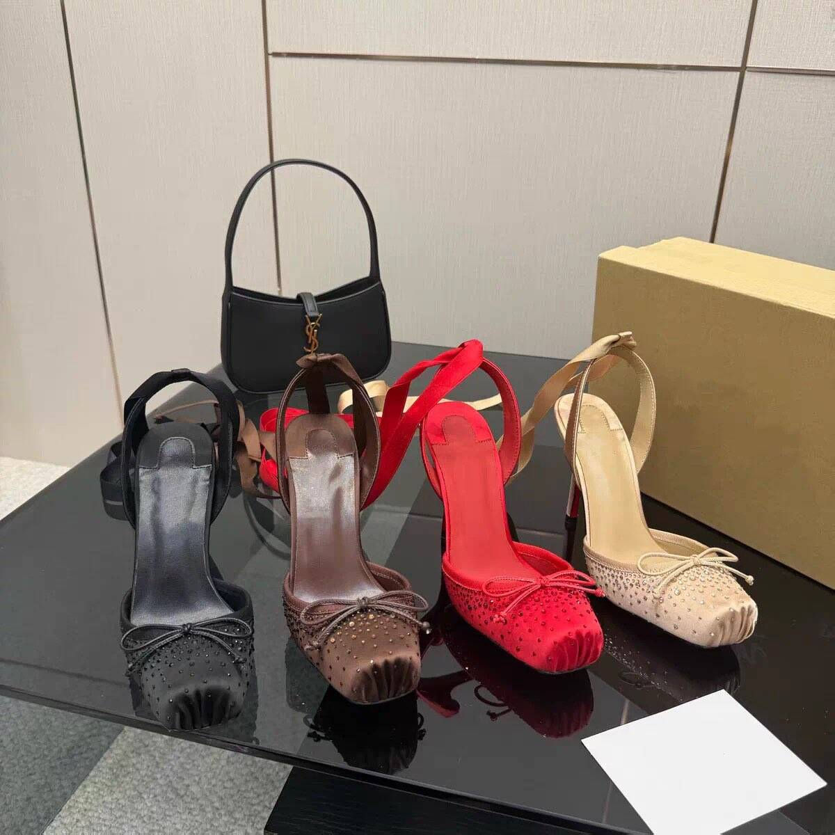 Square Toe Satin Ballet High-heeled Sandals with Ankle Strap