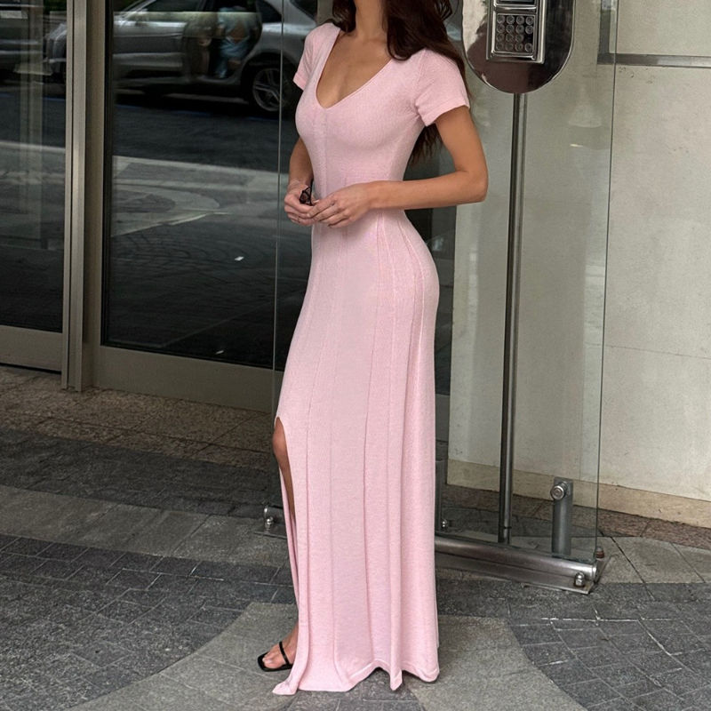 TARUXY Spring Summer Short-Sleeved Knitted Dress Women Solid V-Neck Slit Long Dr