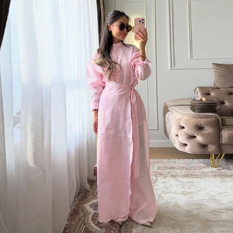 Casual Solid Shirt 3 Pieces Set Women Full Sleeve Button Top Wide Leg Pants Skir