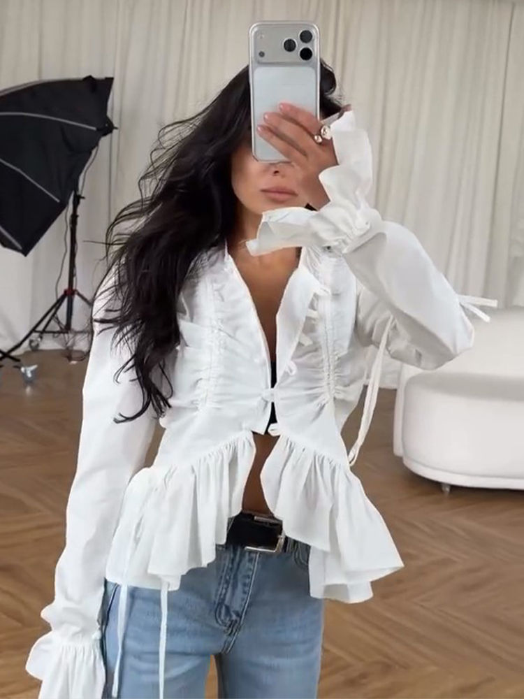 Ruffles Drawstring Fitted Shirts Women O Neck Single Breasted Flare Long Sleeves