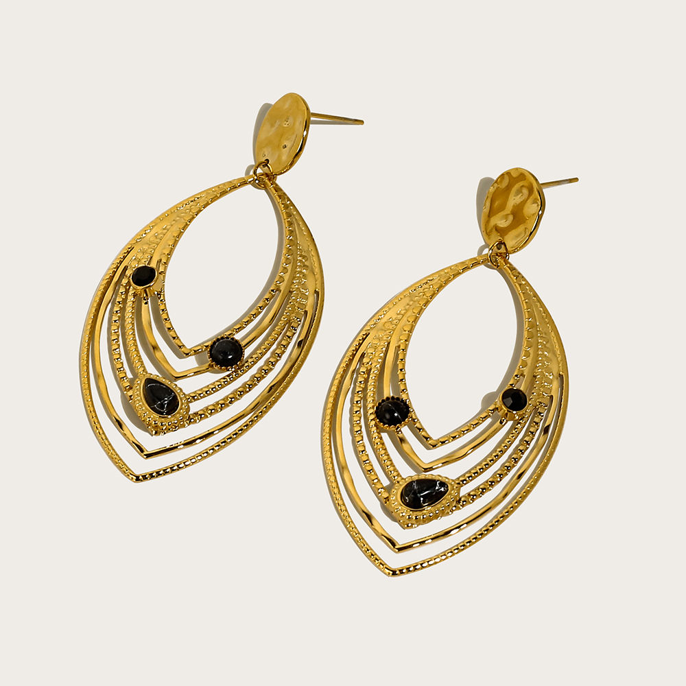 YACHAN Luxury Black Natural Stone Stainless Steel Drop Earrings for Women 18K Go