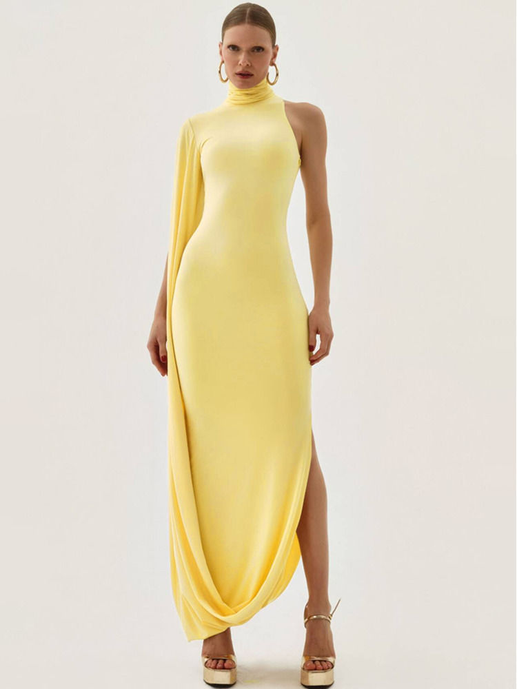 One-shoulder Turtleneck Drapped Bodycon Maxi Dress