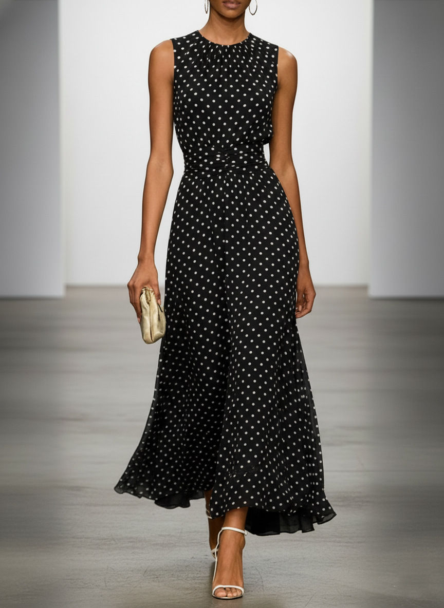 Polka Dot Sleeveless French Waist A-line Dress