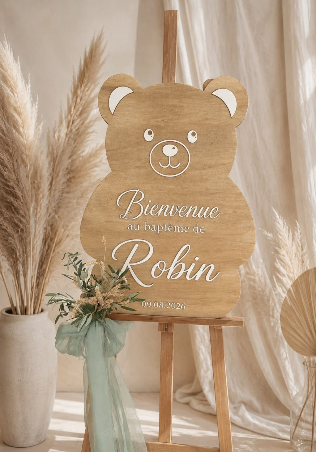 Panneau baptême de bienvenue en bois - Ourson