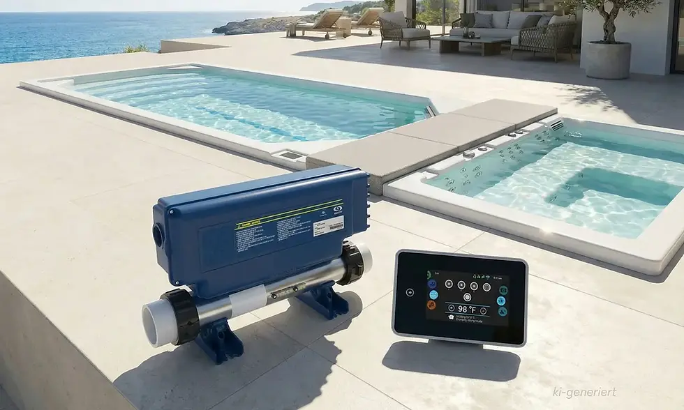 Gecko Steuerunstechnik im Vordergrund sowie der Swim Spa Timax SLS 8420 Inground von Timeless Spa im Hintergrund
