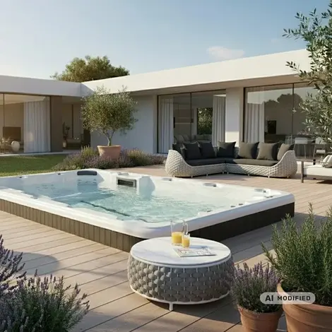 VIDOLA PROTEA Lounge Table – runder Outdoor-Couchtisch mit weißer Kunstmarmorplatte, geflochtener Olefin-Ummantelung und Aluminiumrahmen für Terrasse und Garten.