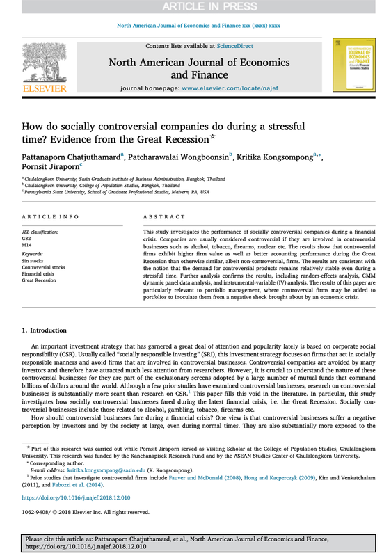 How do socially controversial companies do during a stressful time : evidence from the great recession