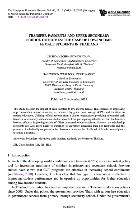Transfer payments and upper secondary school outcomes : the case of low-income female students in Thailand
