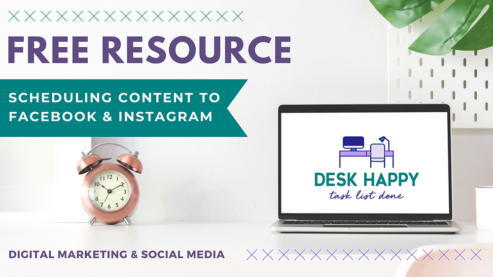 Alarm Clock & Laptop pictured with text banner. Text reads "Free Resource. Scheduling Content to Facebook & Instagram"