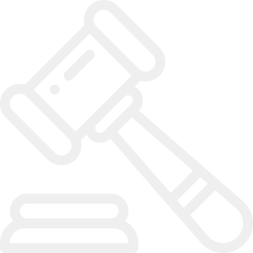 White outline of a gavel on a black background, representing law and justice.
