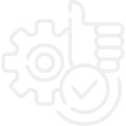 White cogwheel, checkmark, and thumbs up icon representing quality assurance and success.