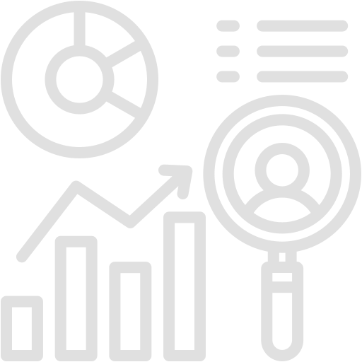 Diagram showing data analysis, charts, graphs, and a magnifying glass for SEO research.