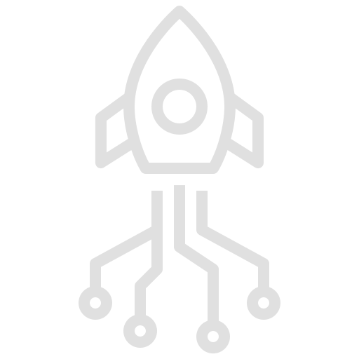 White outline of a rocket ship with an eye on black background.