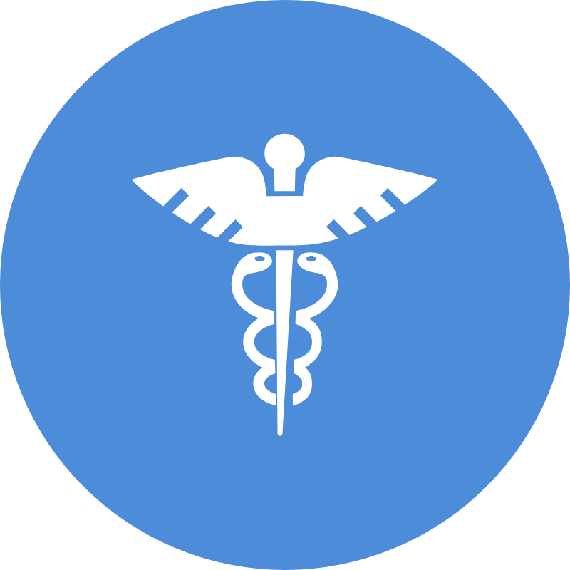 White medical caduceus symbol on a blue circle background Anotag.ai