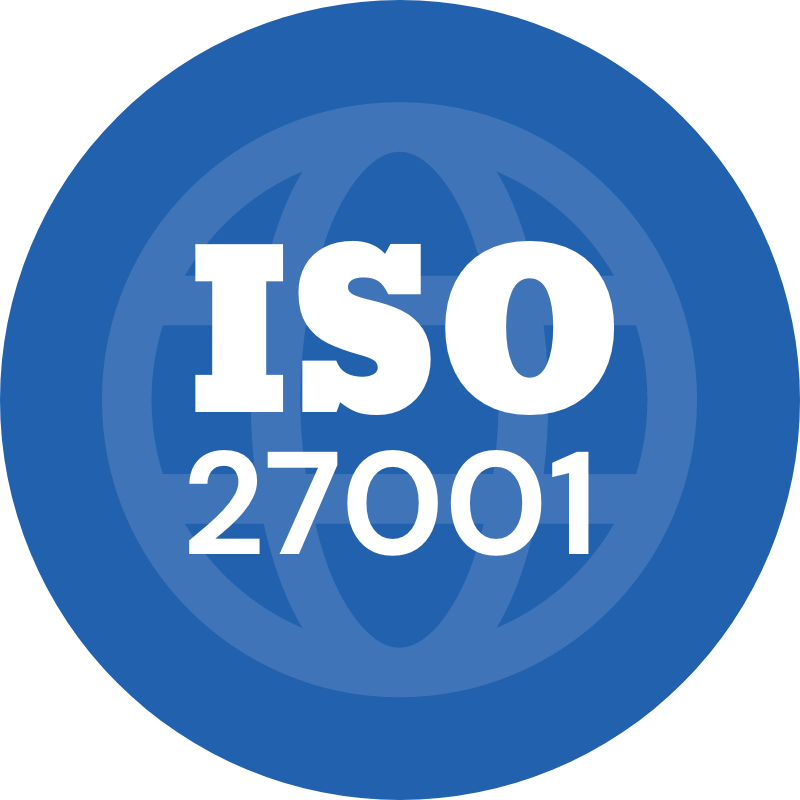 ISO 27001 logo, blue circle with white text, Security & Compliance certification badge.
