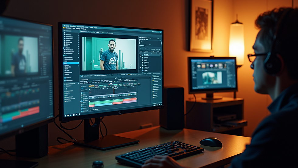 High angle view of film editing suite with color grading tools on screen