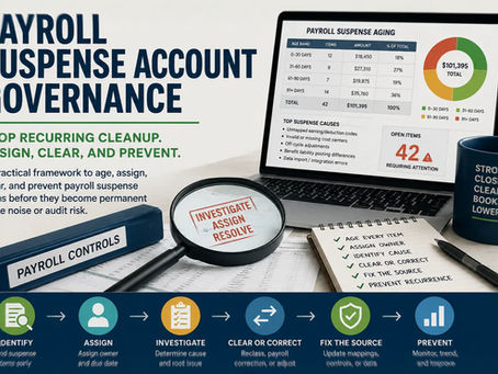 Infographic for payroll suspense account governance showing a laptop with suspense aging data, open items, and a step-by-step workflow to identify, assign, investigate, clear, fix the source, and prevent recurring payroll suspense issues.