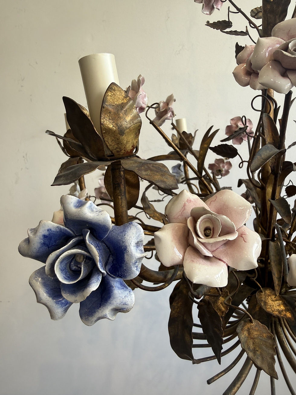Thumbnail: French gilt metal and porcelain flower chandelier