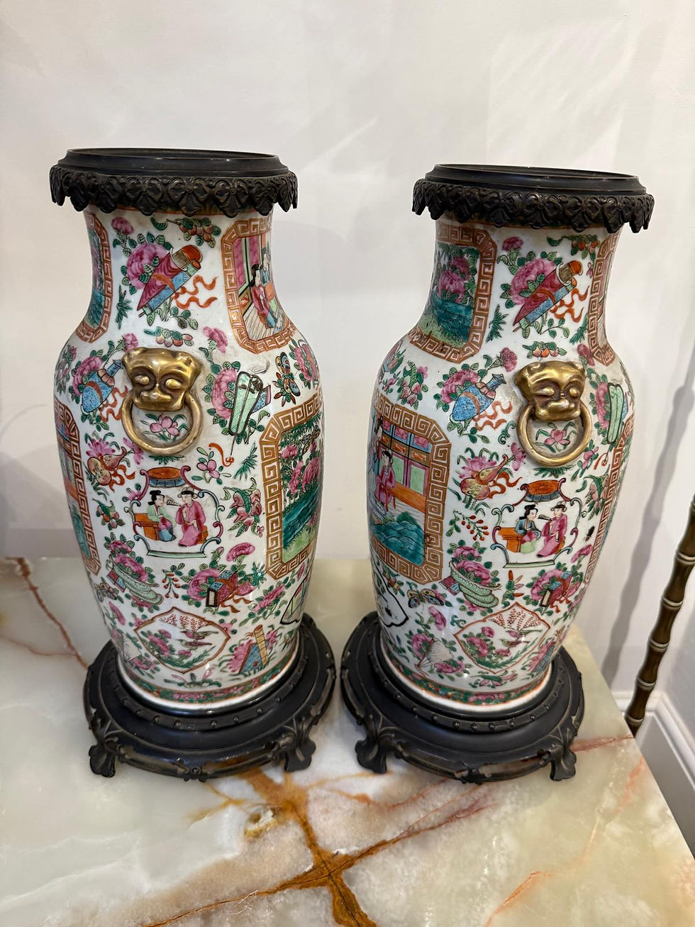 Thumbnail: Large pair of Cantonese famille rose vases lamp bases