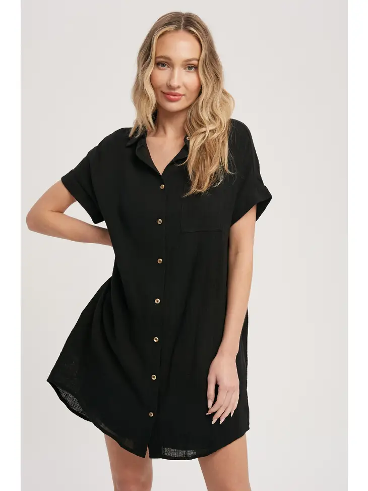 Button Up T Dress- Black.webp