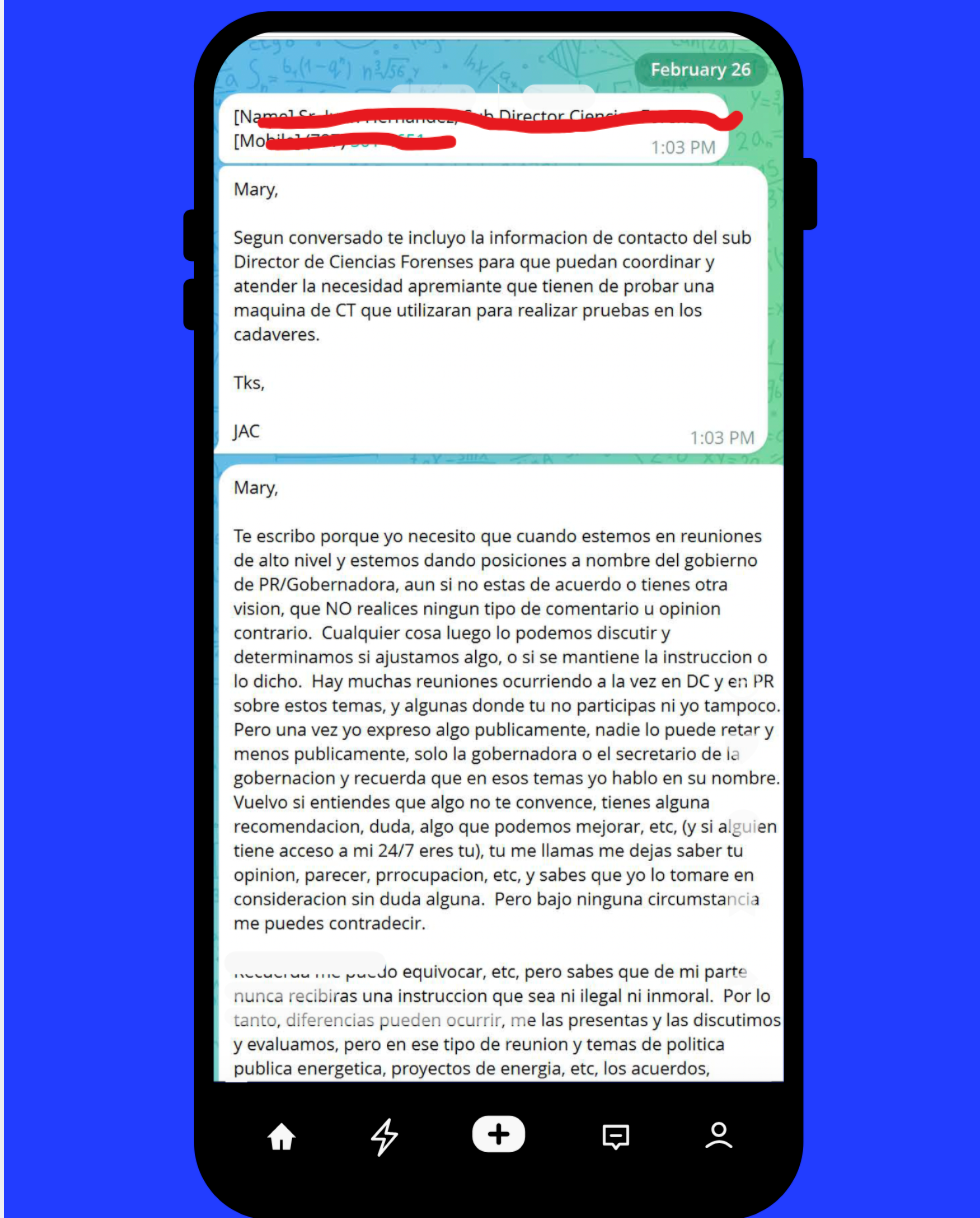 Mensaje de Colón Ortiz a la directora de la AEE, Mary Carmen Zapata de febrero del 2026.