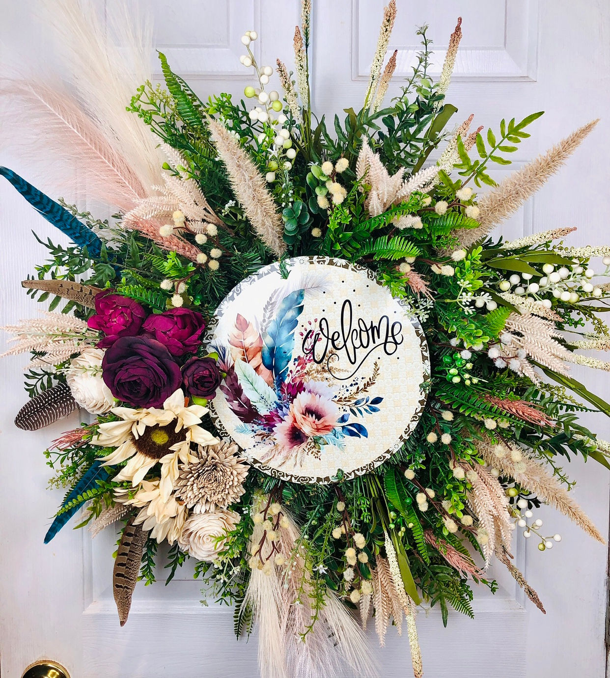 Large everyday feather and greenery wreath welcome wreath