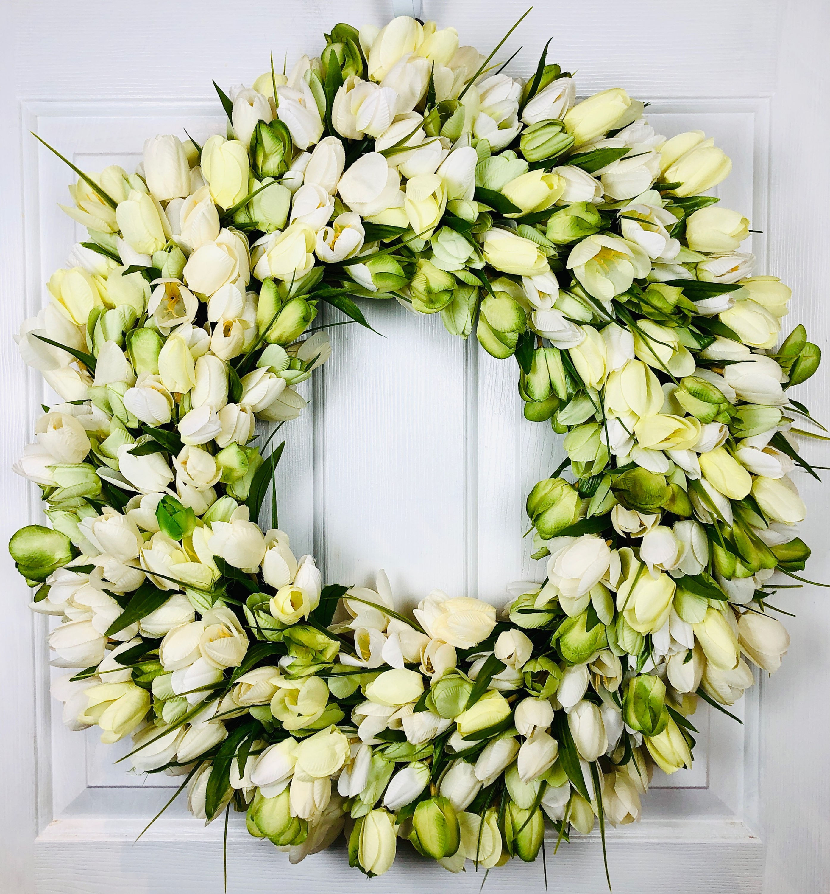 Exquisite pale green and ivory tulip wreath