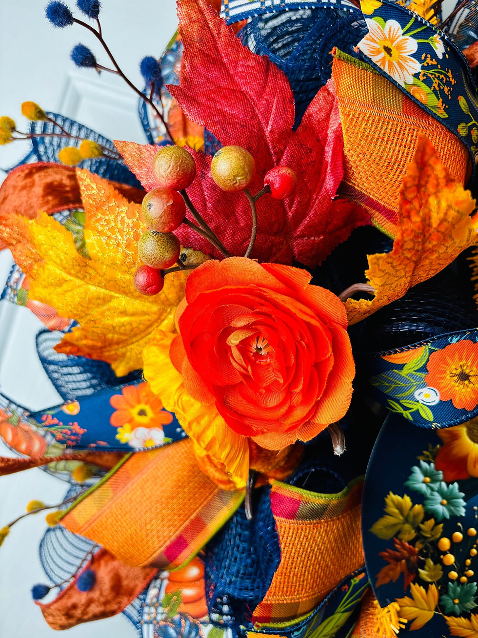 Thumbnail: Brilliant navy blue and coppery orange fall pumpkin autumn wreath