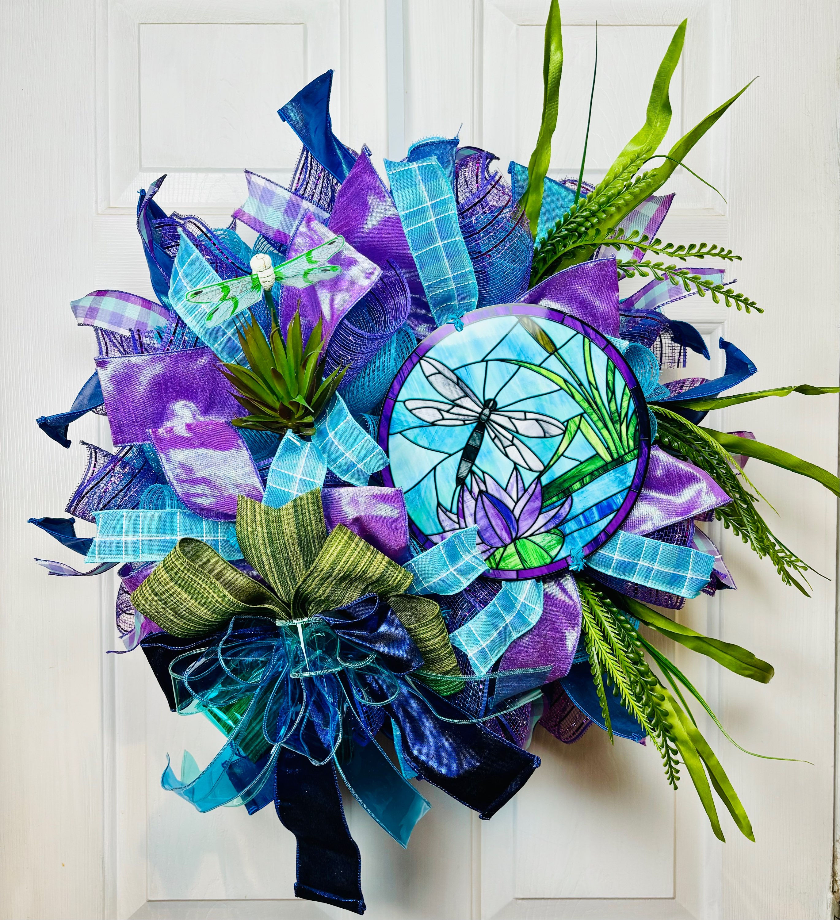 Dragonfly stained glass themed pond wreath