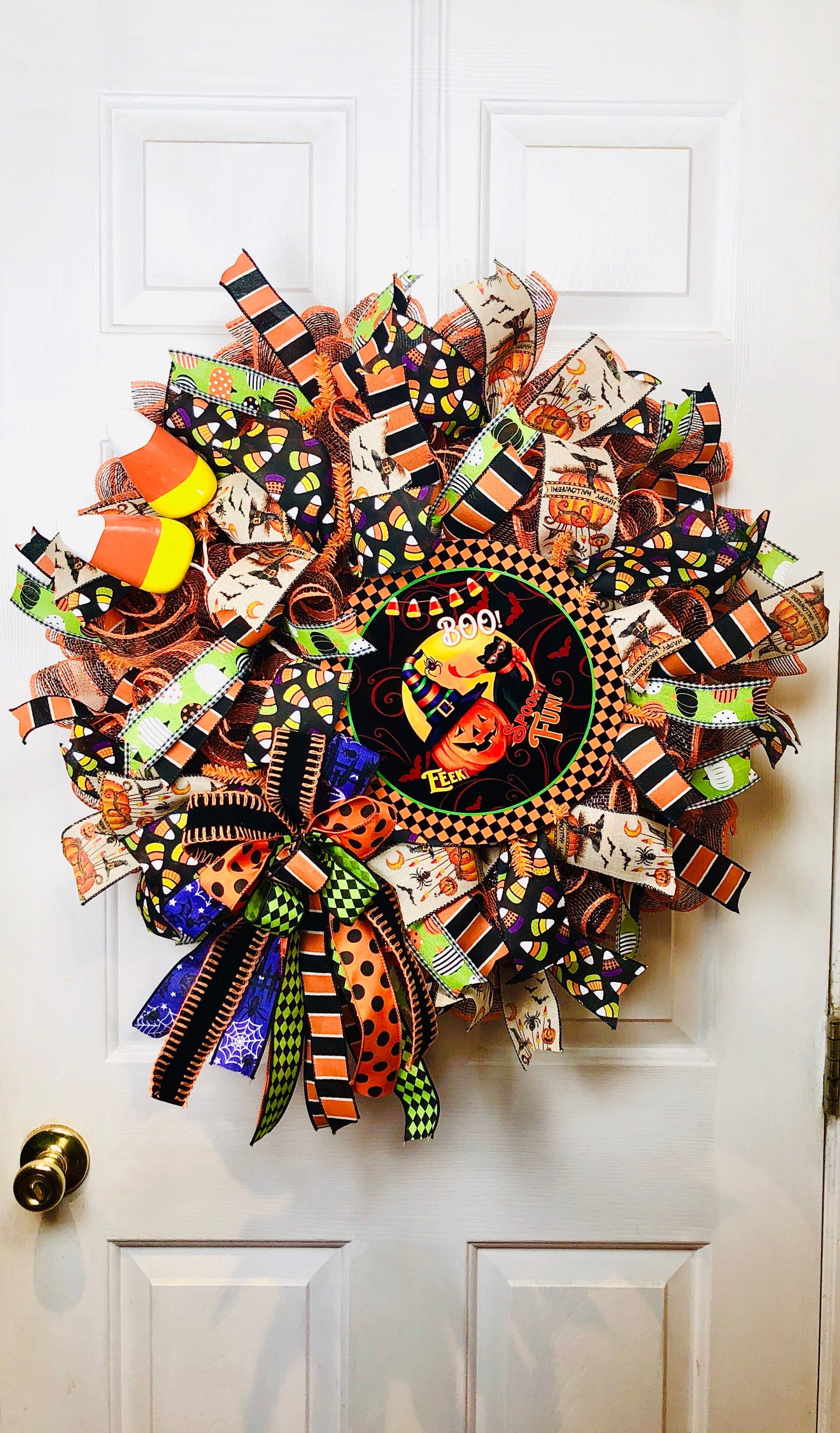 Boo! Whimsical Halloween wreath, jack o lantern and candy corn wreath, festive a