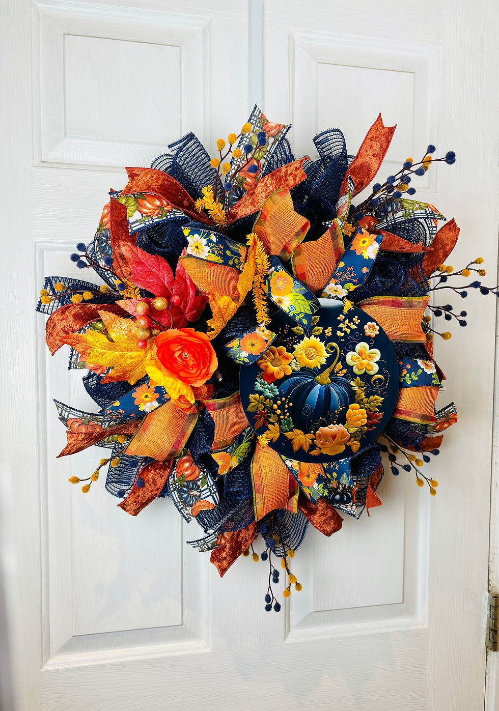 Thumbnail: Brilliant navy blue and coppery orange fall pumpkin autumn wreath