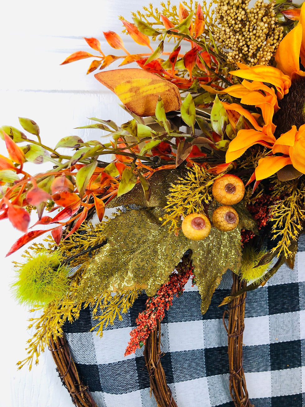 Thumbnail: Buffalo check grapevine fall wreath, sunflower pumpkin wreath door hanger,farmho