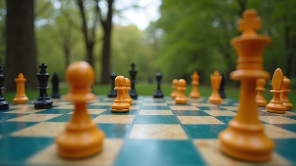 Wide angle view of a vibrant chess setup in Gordan Park