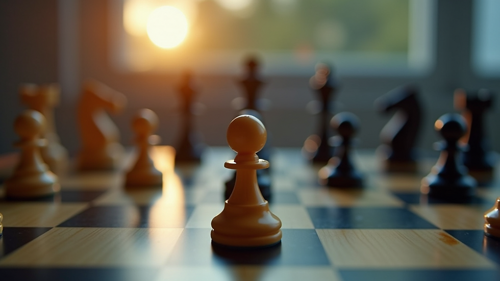 Eye-level view of a chess board with pieces in mid-game