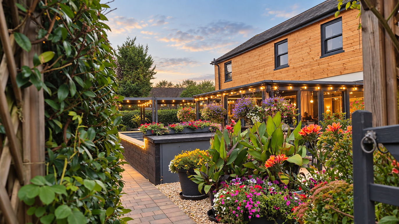 Landscaped garden and outdoor dining terrace at No.15, with colourful flowers, festoon lighting and the restaurant in the background