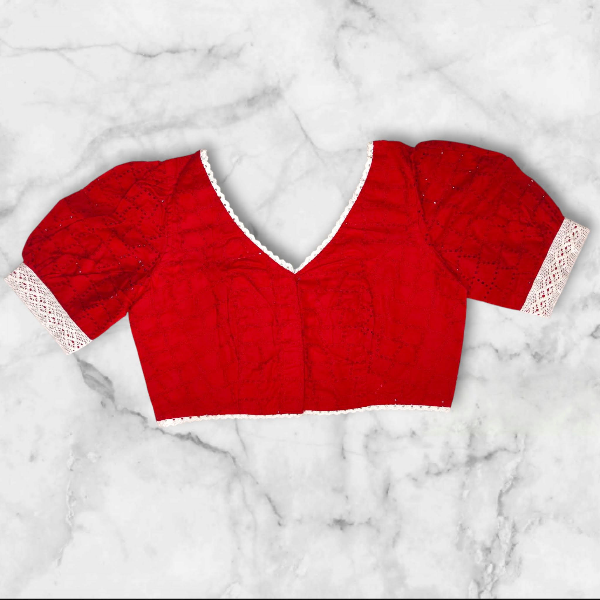 red color puff sleeves hakoba blouse front view