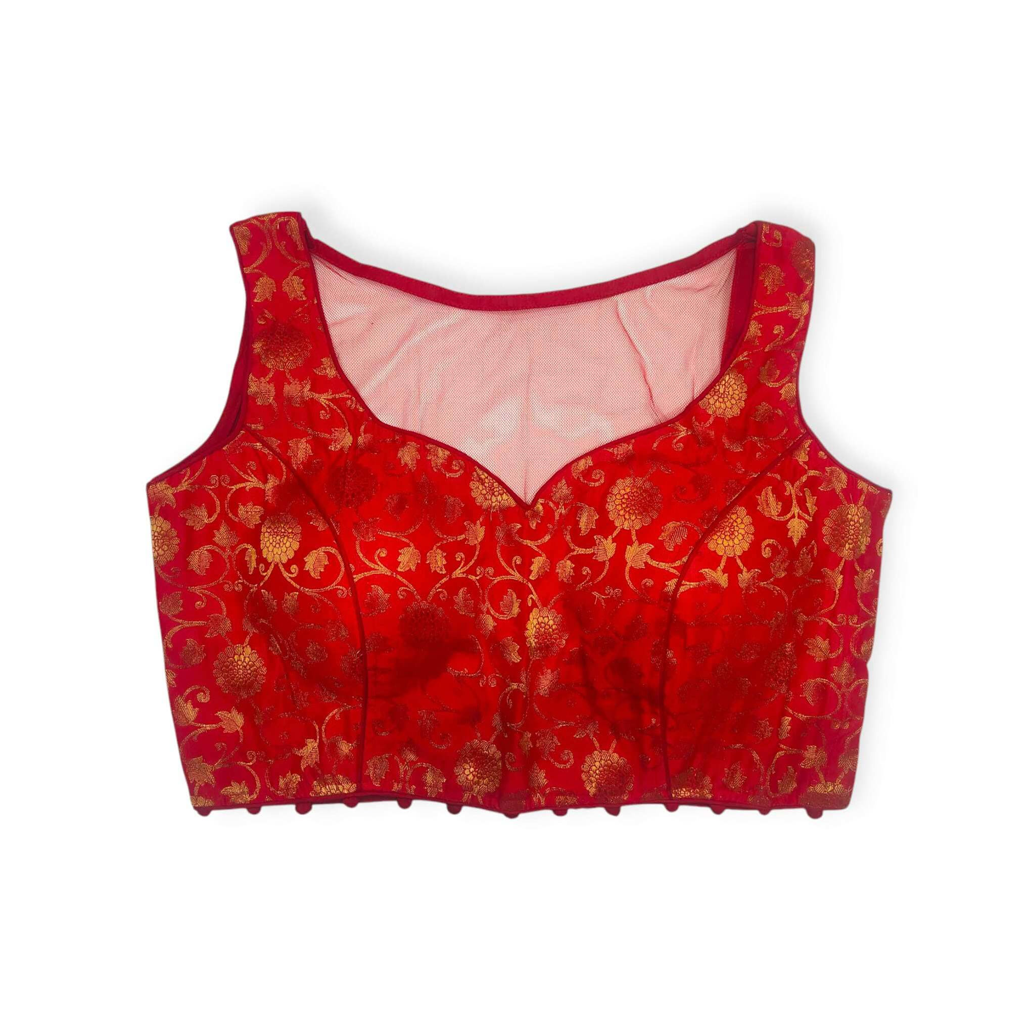 red color sleeveless padded banarasi blouse front view