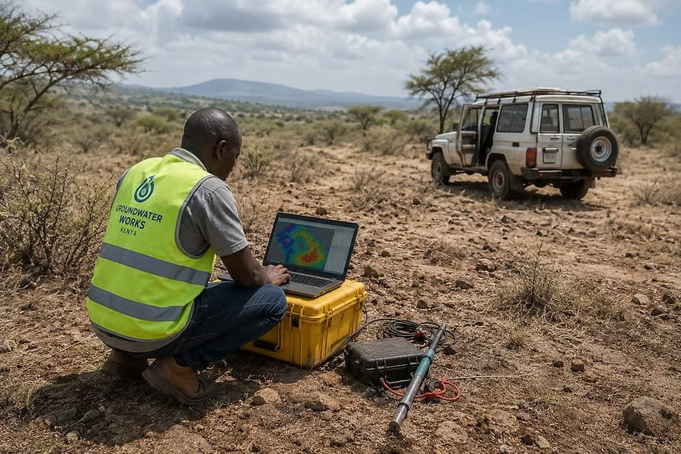 Professional conducting a hydrogeological survey in a field.