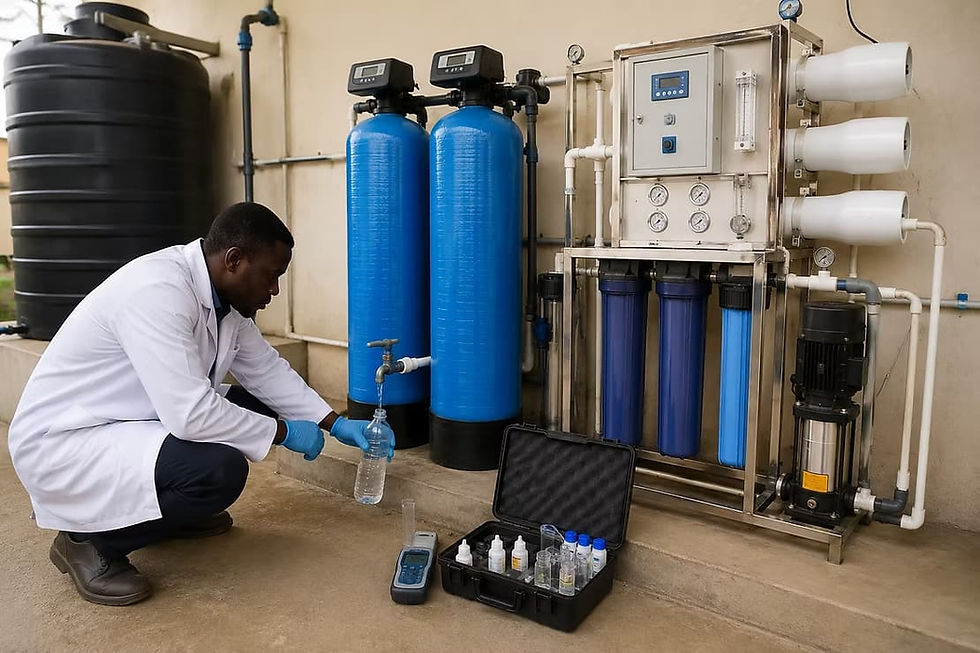 Man collects water sample beside industrial filtration tanks.