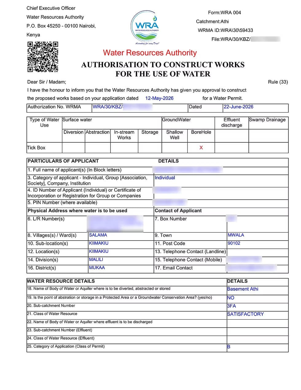 Official WRA permit for water use authorization in Kenya.