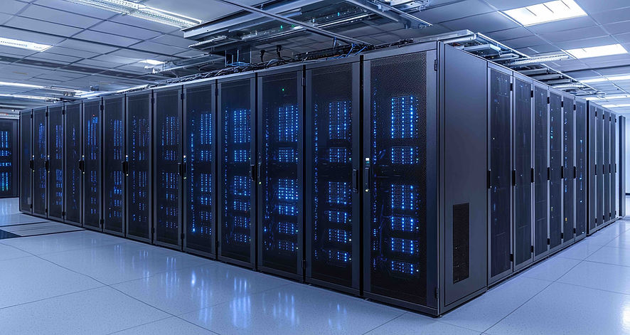Rows of black server racks with blue lights in a data center ats it support service solutions.