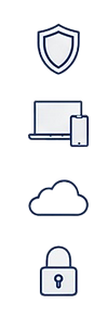 Icons for managed cybersecurity services: shield, devices, cloud, lock