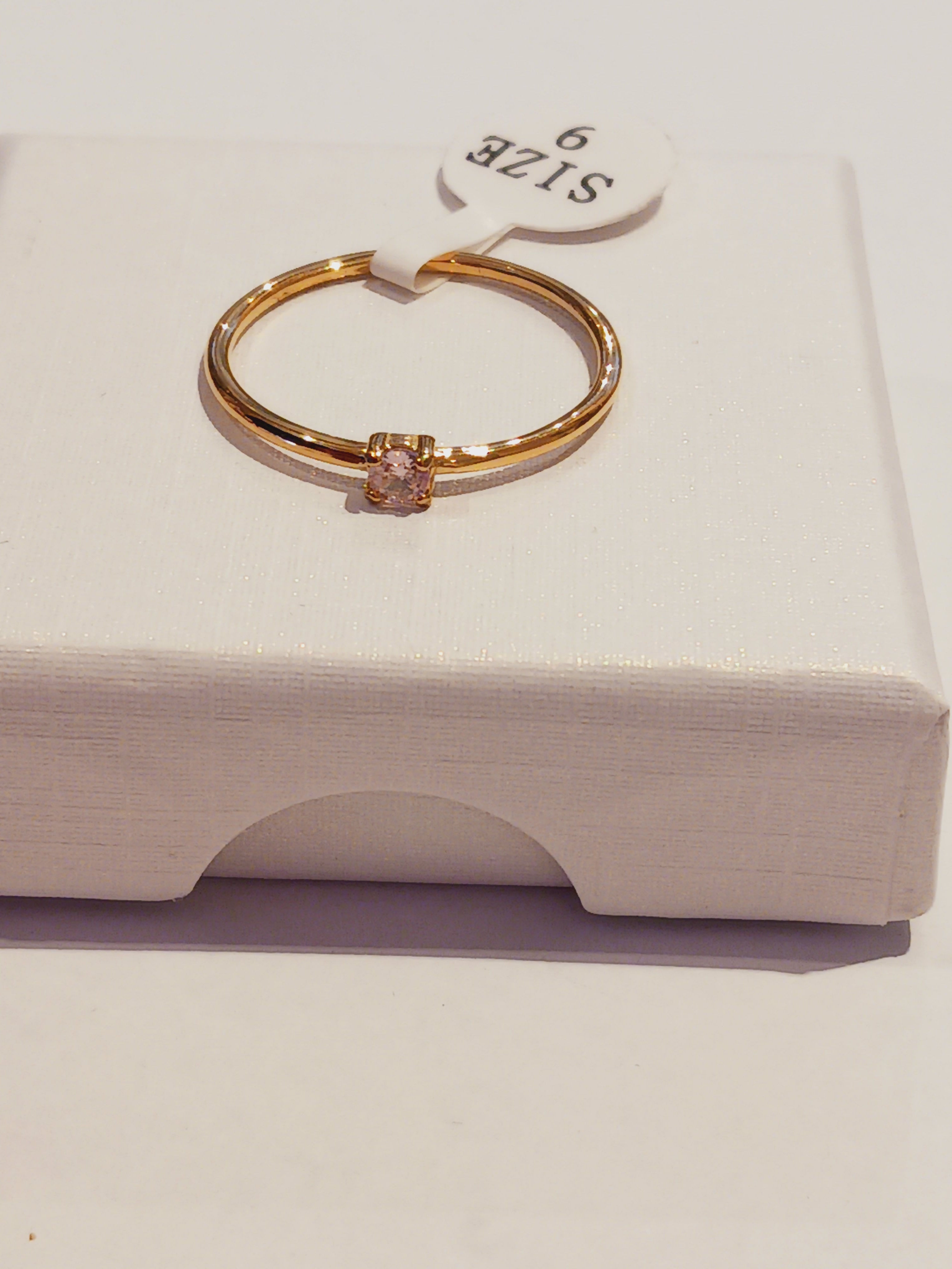 18k Gold Plated pvd Stainless Steel Pink Princess Cut Ring Size 9 With Gift Box