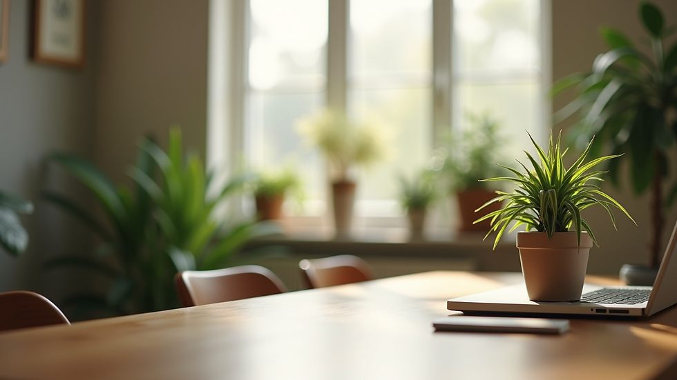 Close-up view of a serene workspace with plants and natural light