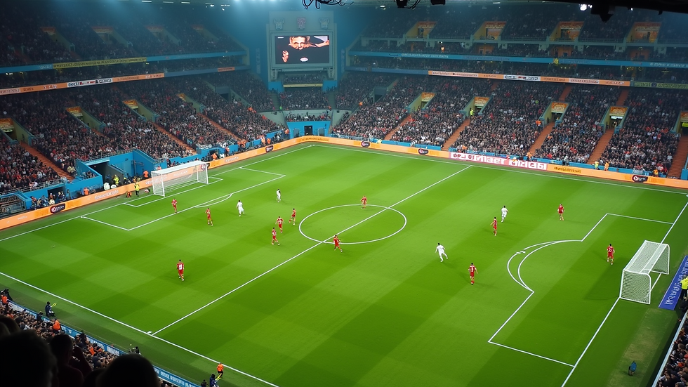 High angle view of a soccer field with players in action