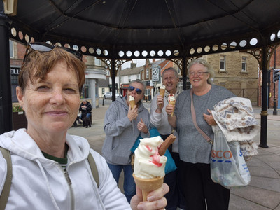 Girls weekend enjoying ice cream at Caffè Bertorelli, family-run Italian café, walking along the Northumberland promenade at the end of the trip.